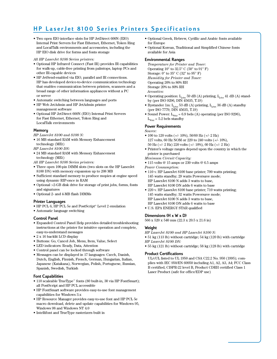 HP 8000 manual Printer Languages, Environmental Ranges, Power Requirements, Control Panel, Font Capabilities, Weight 