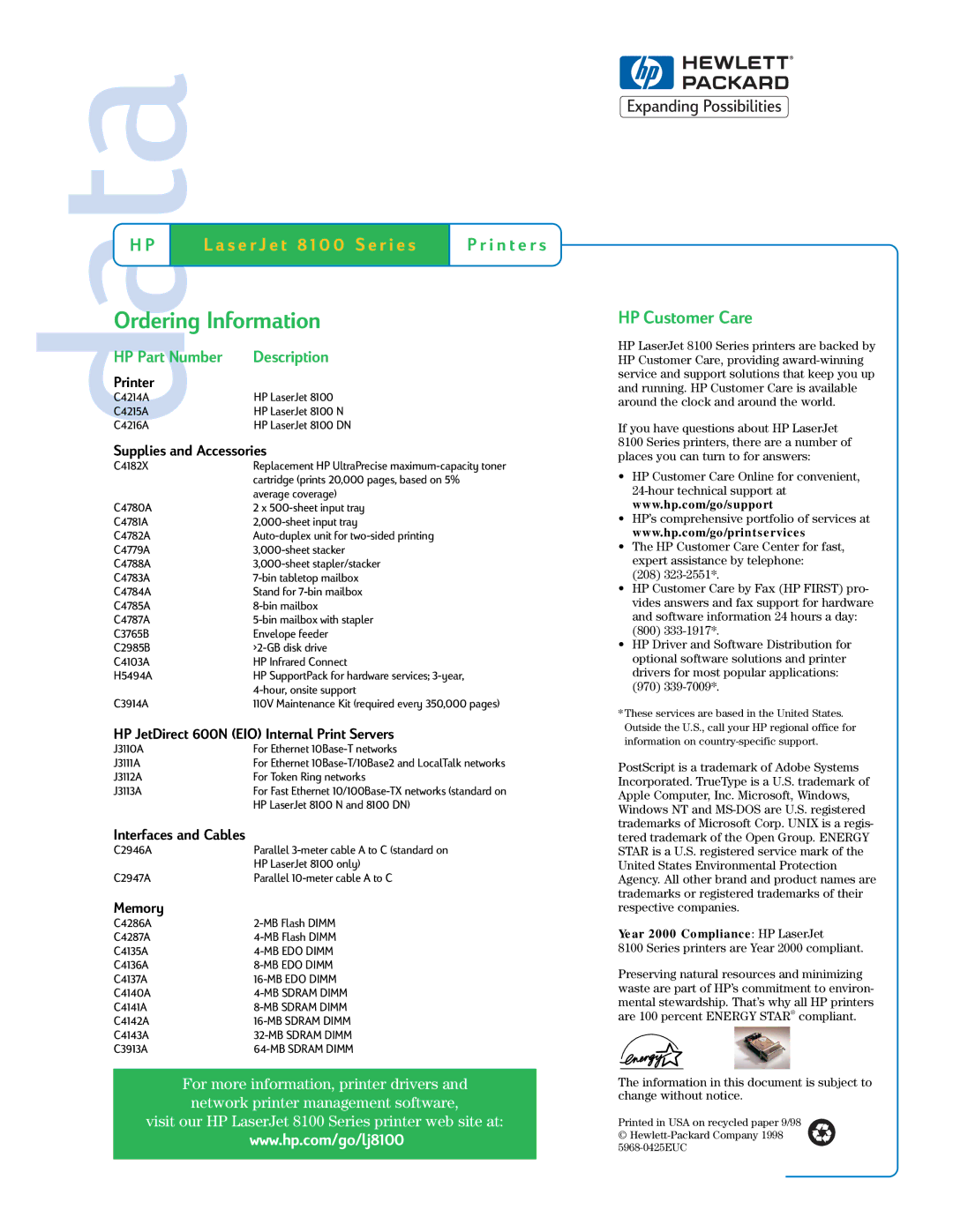 HP 8000 manual Ordering Information, Printer, Supplies and Accessories, HP JetDirect 600N EIO Internal Print Servers 