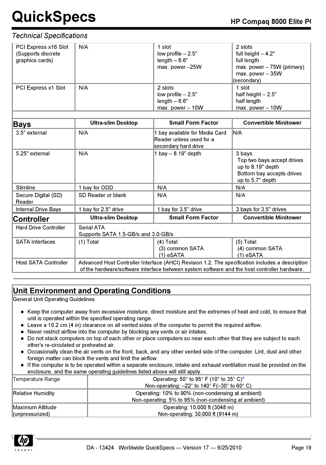 HP 8000 manual Bays, Controller, Unit Environment and Operating Conditions 