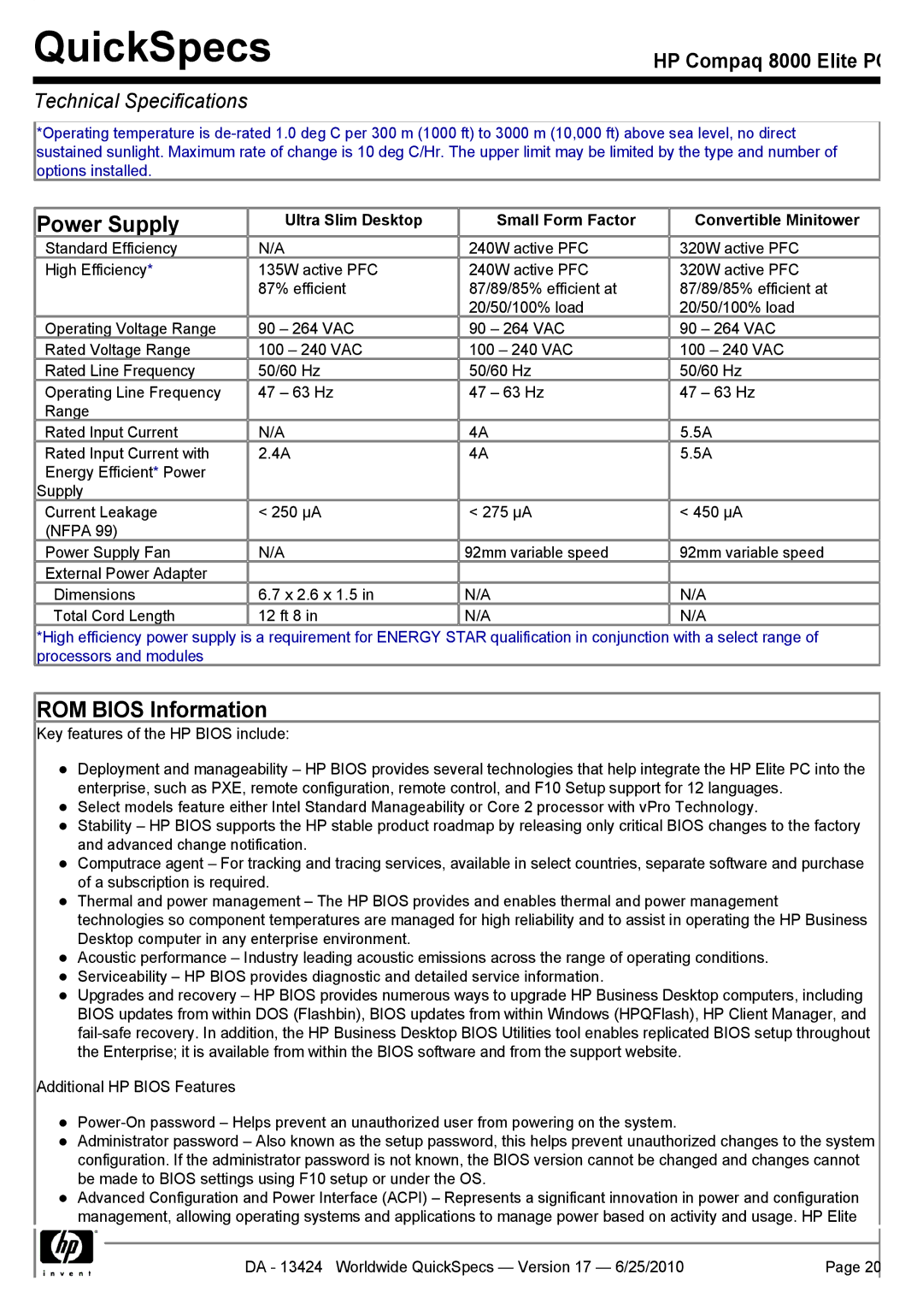 HP 8000 manual Power Supply, ROM Bios Information, Ultra Slim Desktop Small Form Factor Convertible Minitower 