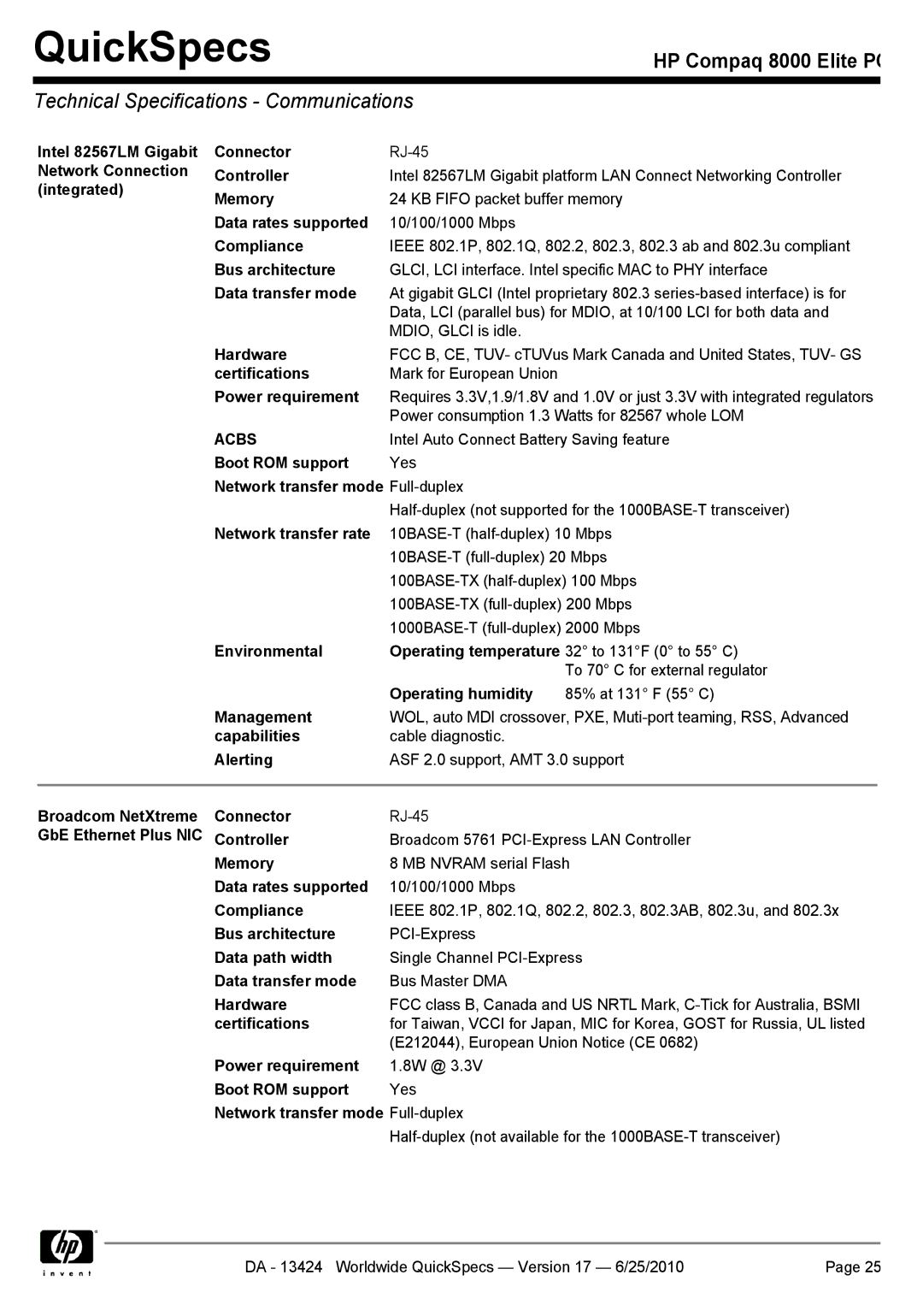 HP 8000 manual Technical Specifications Communications, Acbs 