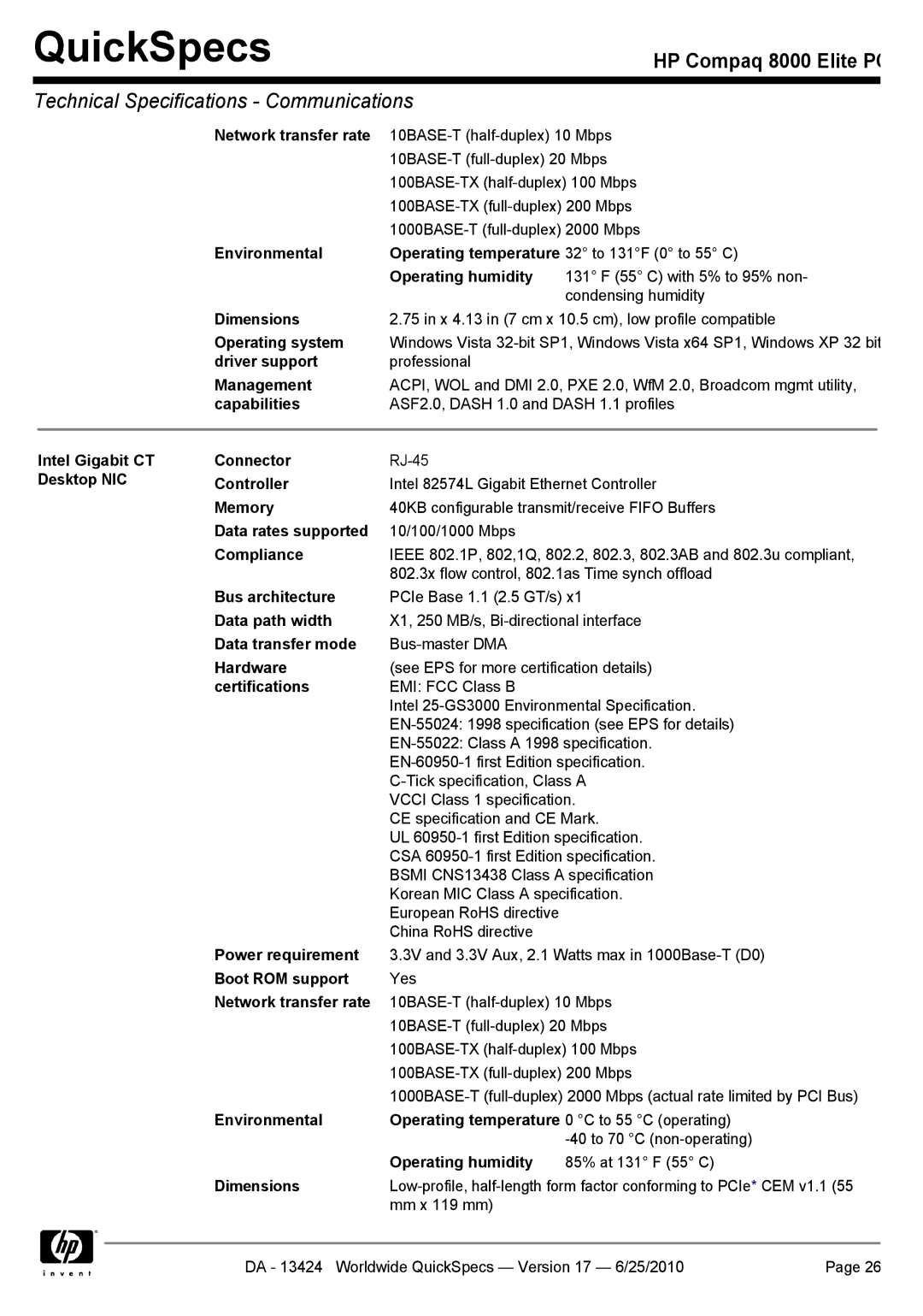 HP 8000 manual Dimensions, Operating system, Driver support, Intel Gigabit CT Desktop NIC Connector 