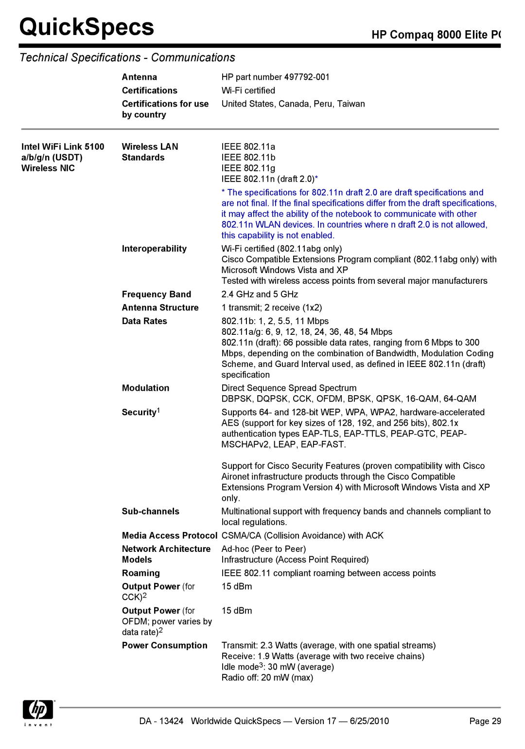 HP 8000 Antenna, Certifications for use, By country Intel WiFi Link Wireless LAN, G/n Usdt Standards, Wireless NIC, Models 