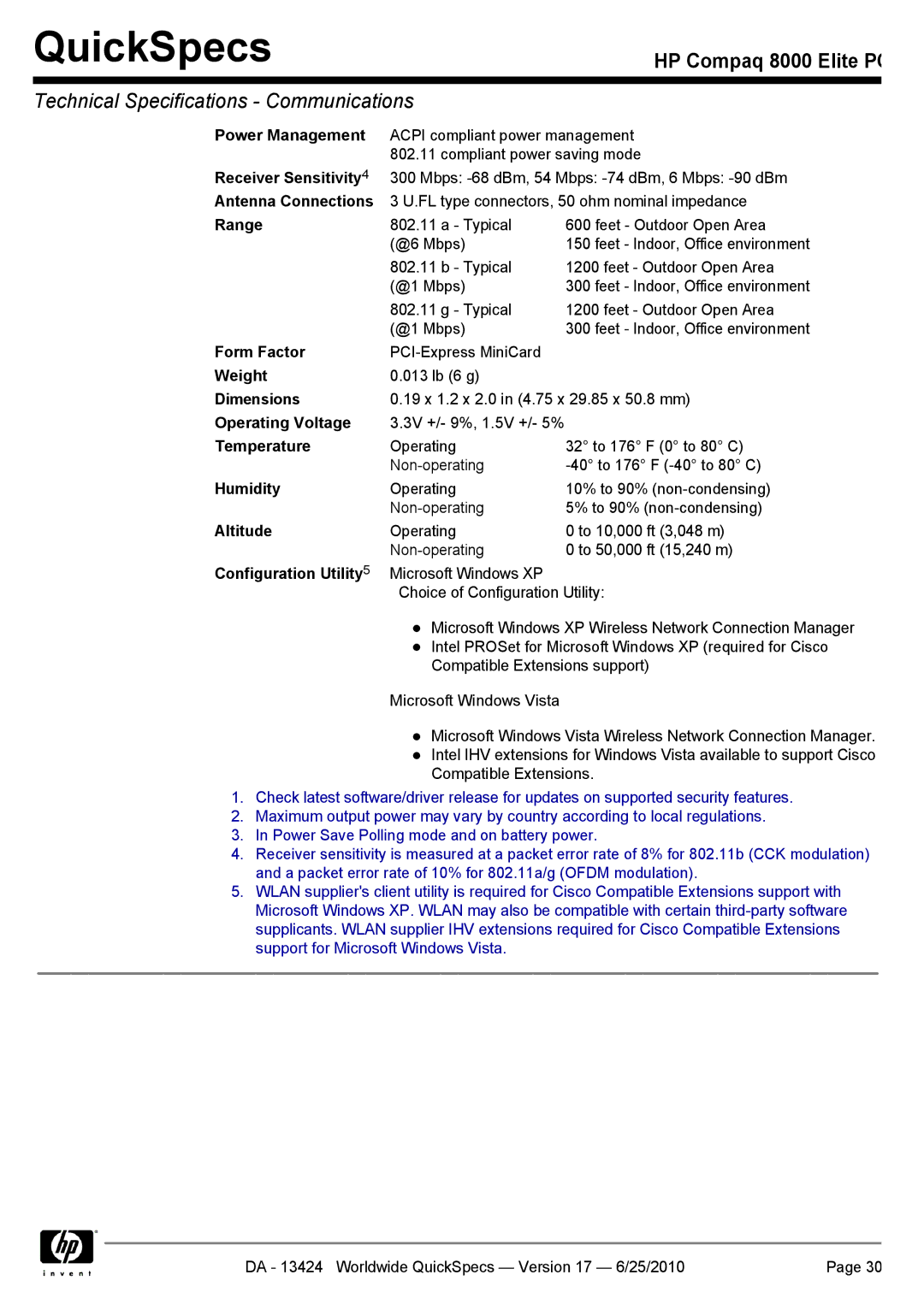 HP 8000 Power Management, Receiver Sensitivity, Antenna Connections, Range, Form Factor, Altitude, Configuration Utility 