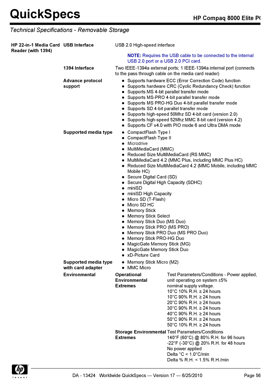 HP 8000 manual Technical Specifications Removable Storage 