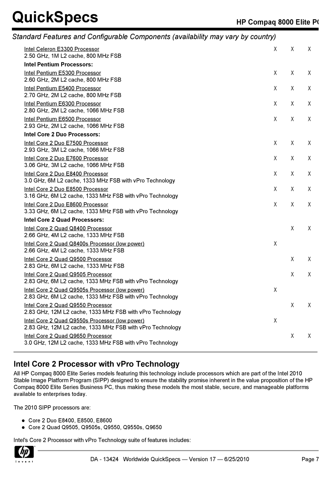 HP 8000 manual Intel Core 2 Processor with vPro Technology, Intel Pentium Processors, Intel Core 2 Duo Processors 
