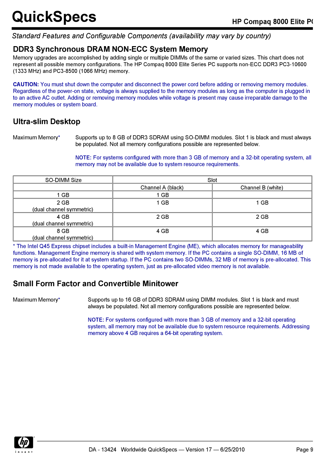 HP 8000 manual DDR3 Synchronous Dram NON-ECC System Memory, Ultra-slim Desktop, Small Form Factor and Convertible Minitower 