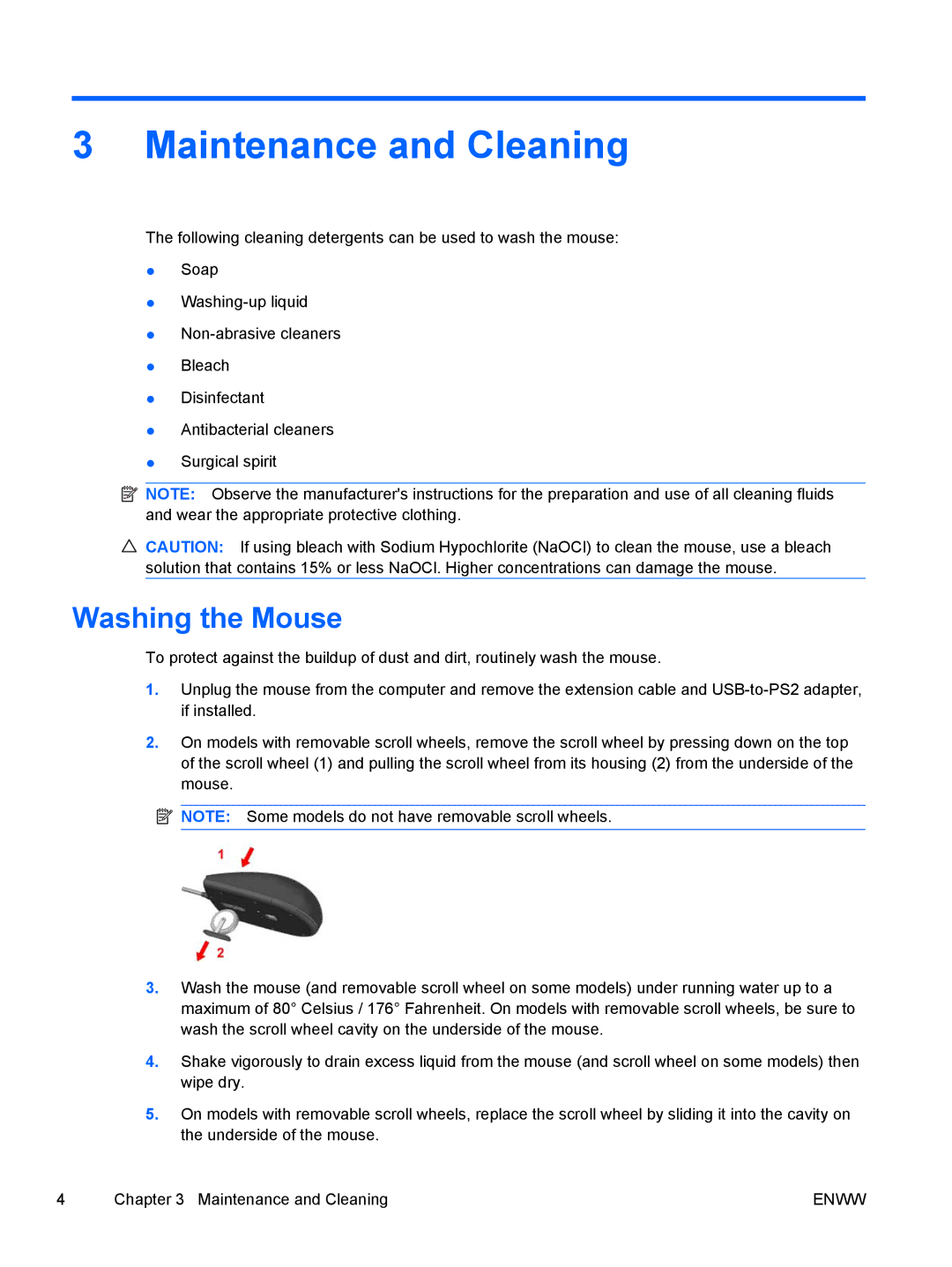 HP 8000 manual Maintenance and Cleaning, Washing the Mouse 