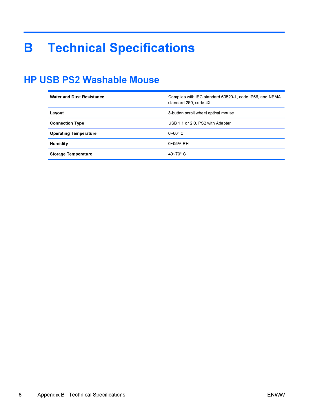 HP 8000 manual Technical Specifications, HP USB PS2 Washable Mouse 