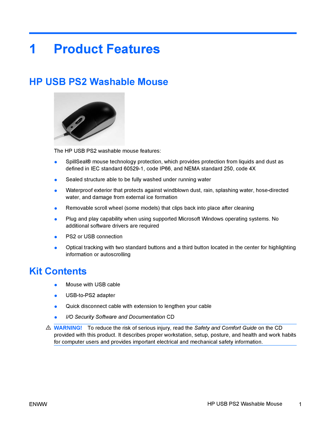 HP 8000 manual Product Features, HP USB PS2 Washable Mouse, Kit Contents 