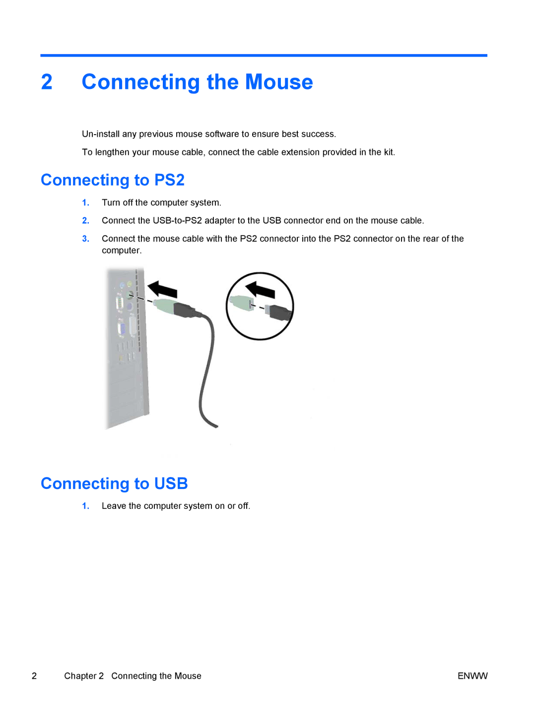 HP 8000 manual Connecting the Mouse, Connecting to PS2, Connecting to USB 