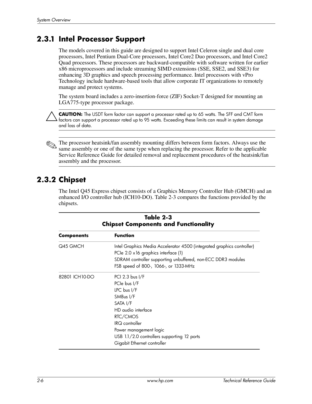 HP 8000 manual Intel Processor Support, Chipset Components and Functionality, Components Function 