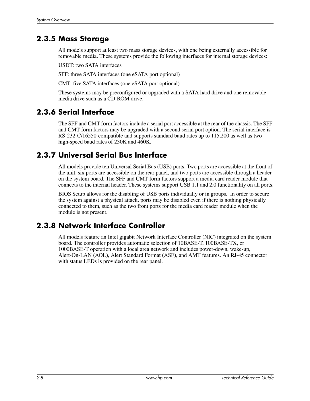 HP 8000 manual Mass Storage, Serial Interface, Universal Serial Bus Interface, Network Interface Controller 