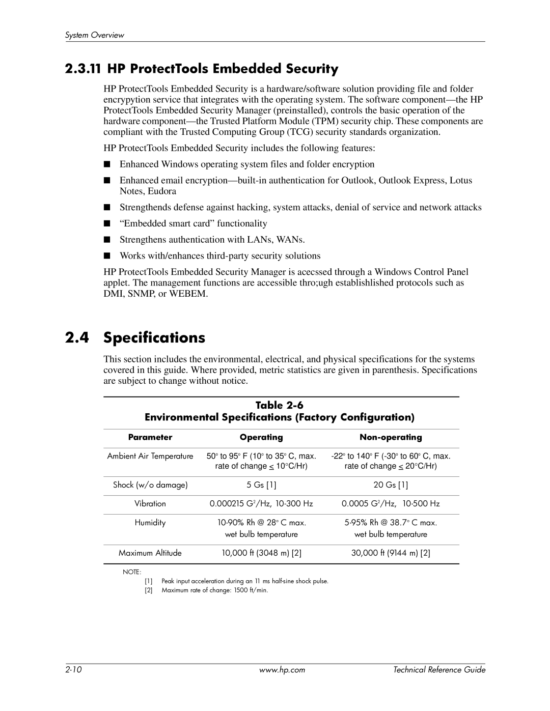 HP 8000 manual HP ProtectTools Embedded Security, Environmental Specifications Factory Configuration 