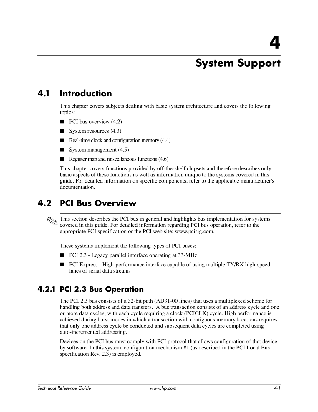 HP 8000 manual System Support, PCI Bus Overview, PCI 2.3 Bus Operation 