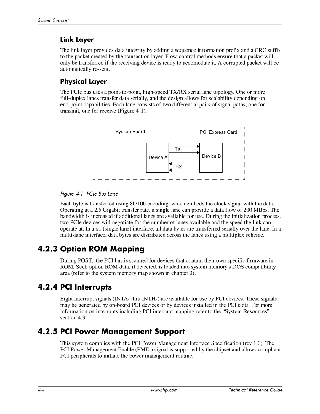 HP 8000 manual Option ROM Mapping, PCI Interrupts, PCI Power Management Support, Link Layer, Physical Layer 