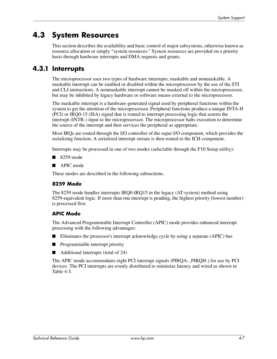 HP 8000 manual System Resources, Interrupts, Apic Mode 