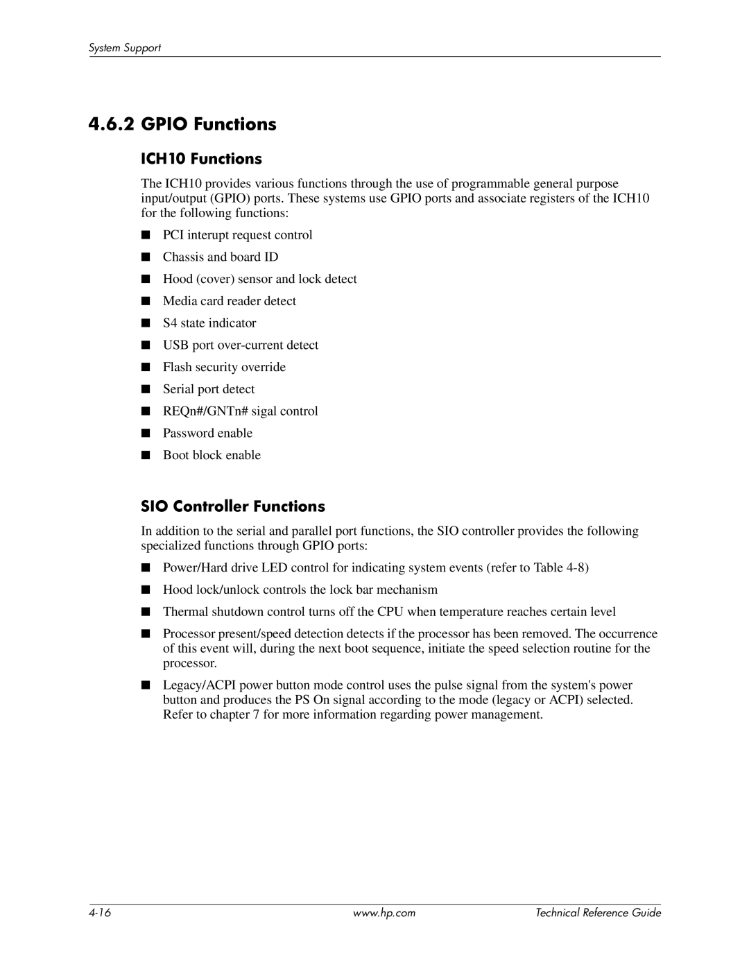 HP 8000 manual Gpio Functions, ICH10 Functions, SIO Controller Functions 