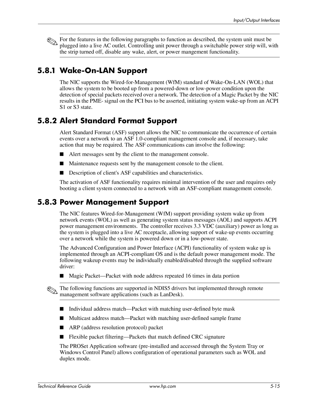 HP 8000 manual Wake-On-LAN Support, Alert Standard Format Support, Power Management Support 