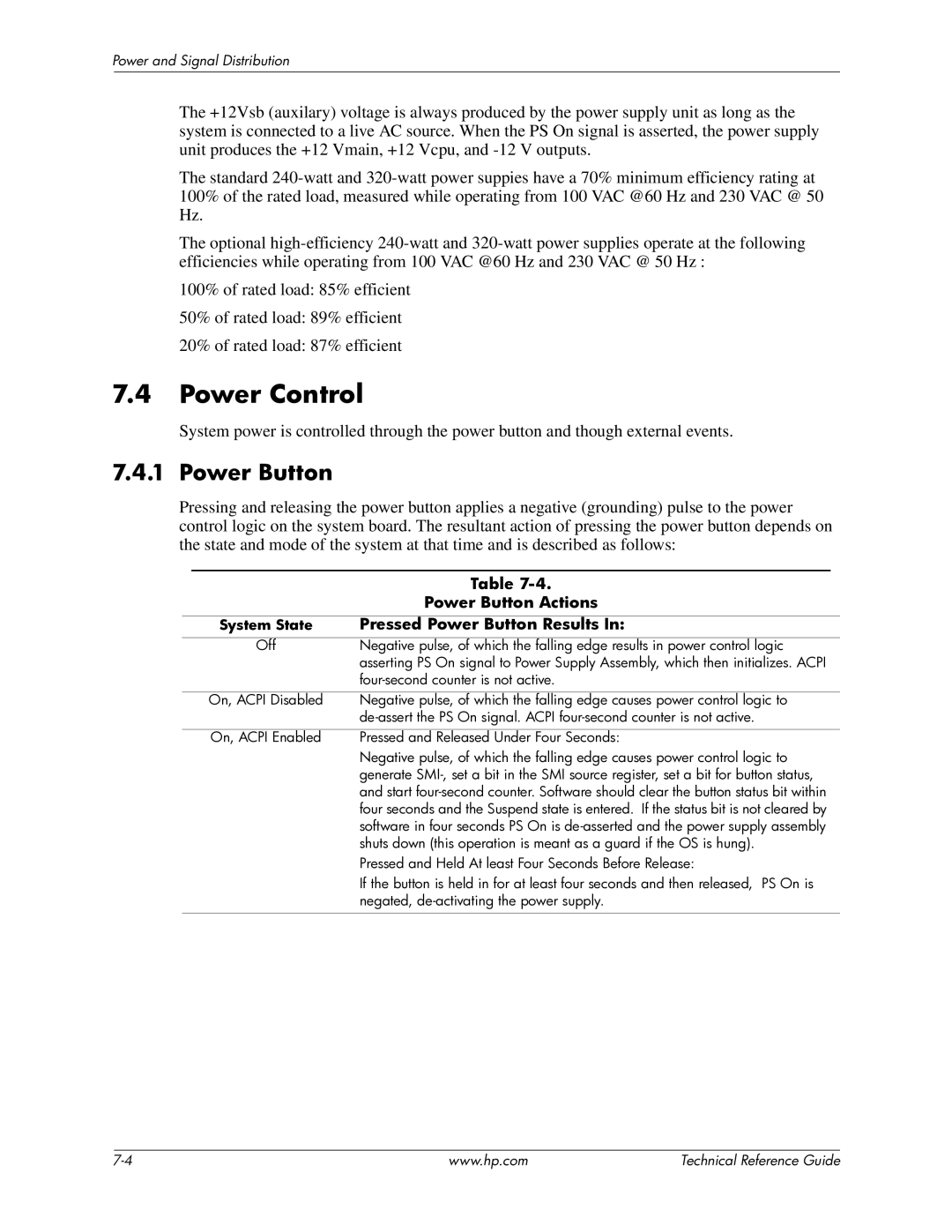 HP 8000 manual Power Control, Power Button Actions, Pressed Power Button Results, System State 