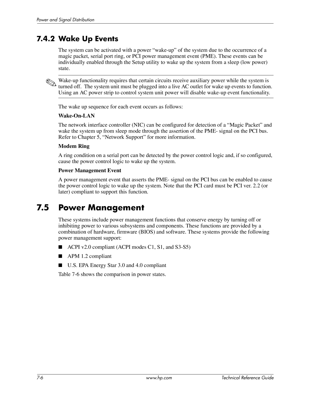 HP 8000 manual Power Management, Wake Up Events 