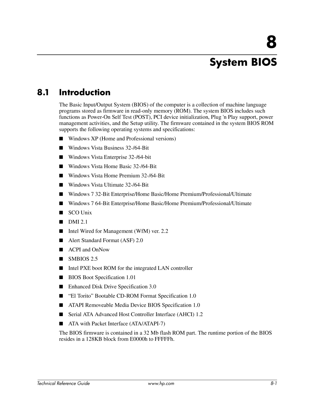 HP 8000 manual System Bios, Introduction 