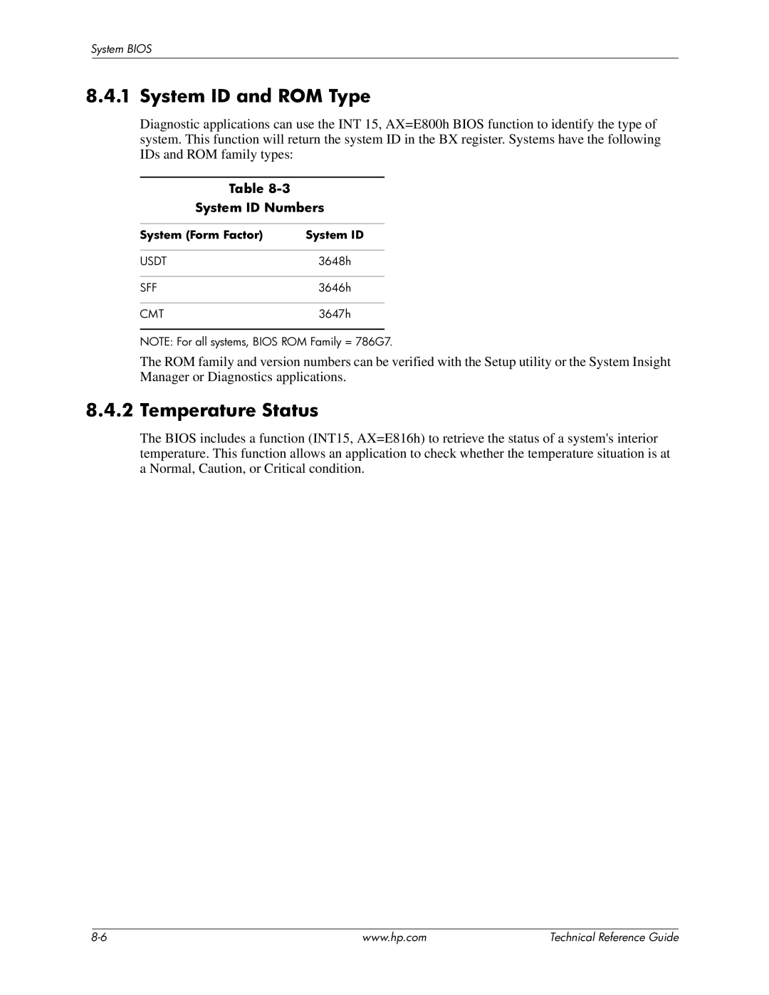 HP 8000 manual System ID and ROM Type, Temperature Status, System ID Numbers, System Form Factor System ID 