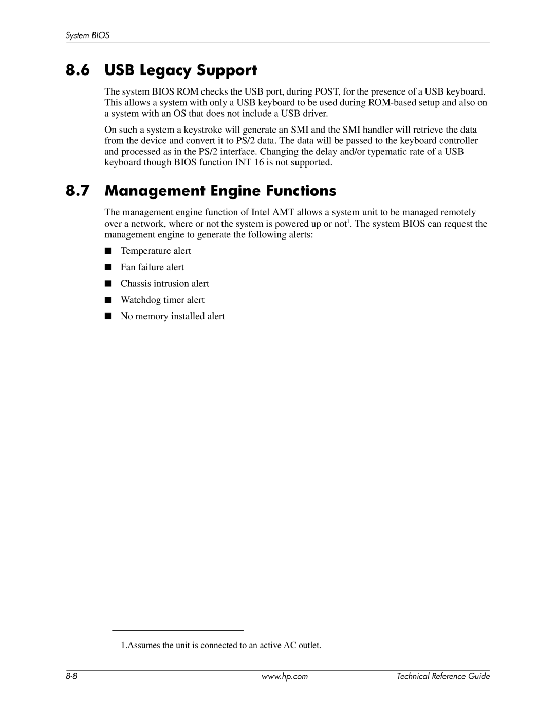 HP 8000 manual USB Legacy Support, Management Engine Functions 