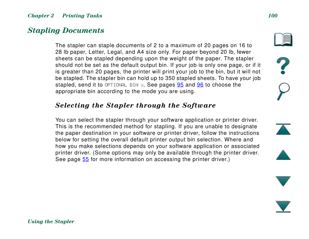 HP 8000DN, 8000N manual Stapling Documents, Selecting the Stapler through the Software, Printing Tasks 100 