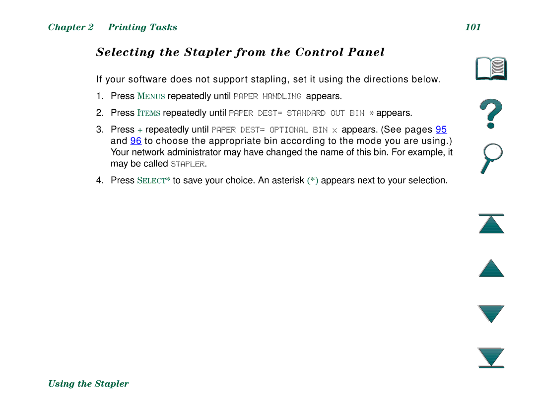 HP 8000N, 8000DN manual Selecting the Stapler from the Control Panel, Printing Tasks 101 