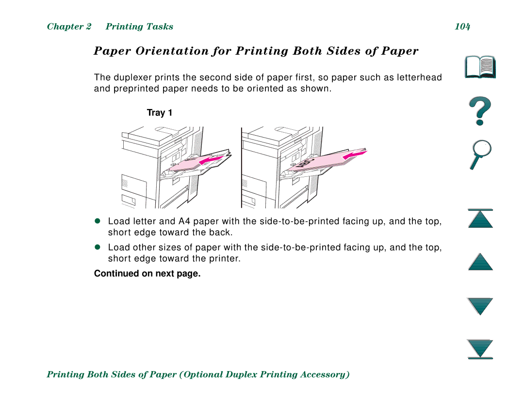 HP 8000DN, 8000N manual Paper Orientation for Printing Both Sides of Paper, Printing Tasks 104, Tray 