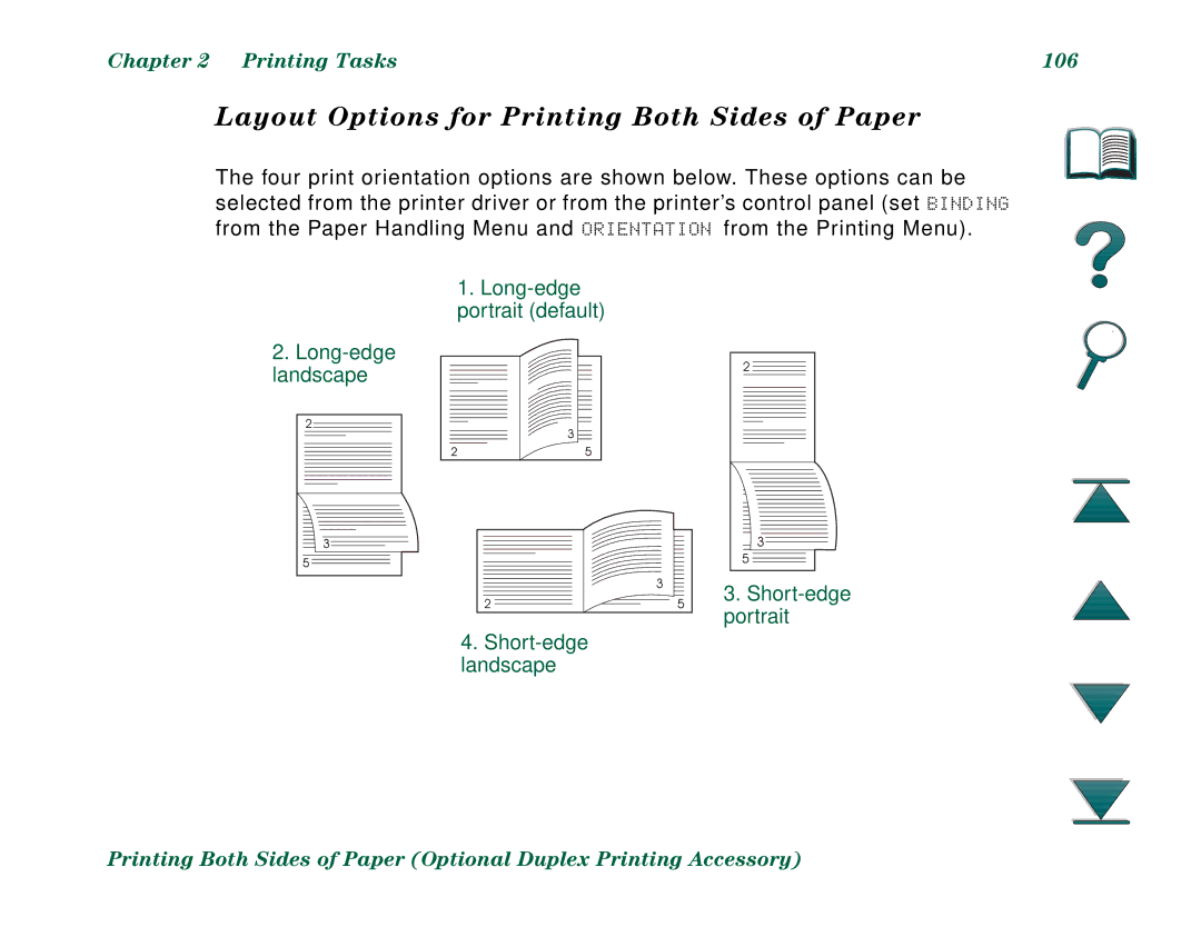 HP 8000DN, 8000N manual Layout Options for Printing Both Sides of Paper, Printing Tasks 106 