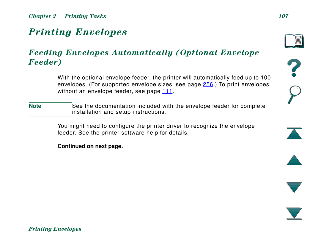 HP 8000N, 8000DN manual Printing Envelopes, Feeding Envelopes Automatically Optional Envelope Feeder, Printing Tasks 107 