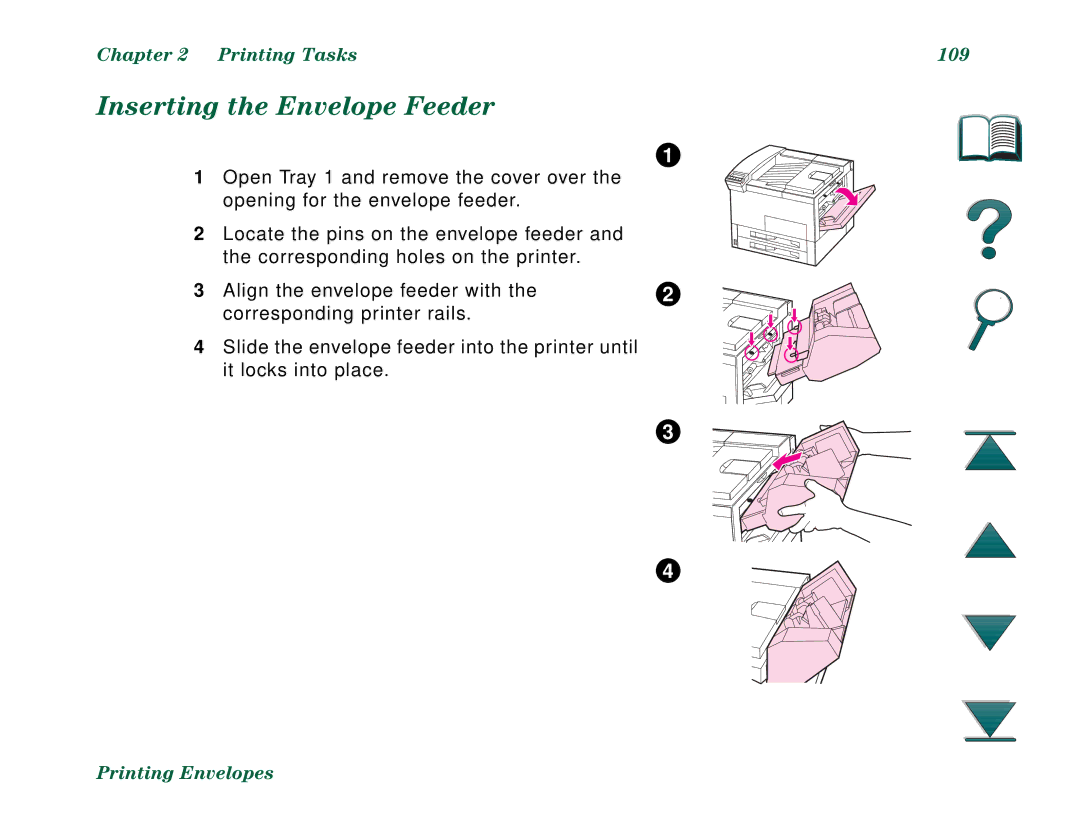 HP 8000N, 8000DN manual Inserting the Envelope Feeder, Printing Tasks 109 