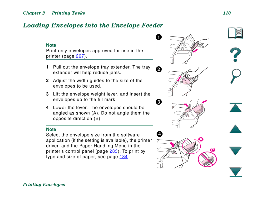 HP 8000DN, 8000N manual Loading Envelopes into the Envelope Feeder, Printing Tasks 110 
