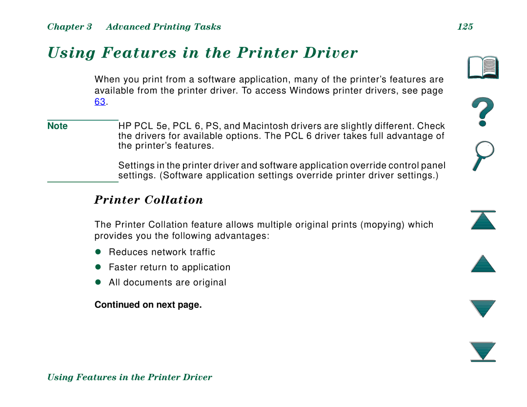 HP 8000N, 8000DN manual Using Features in the Printer Driver, Printer Collation, Advanced Printing Tasks 125 