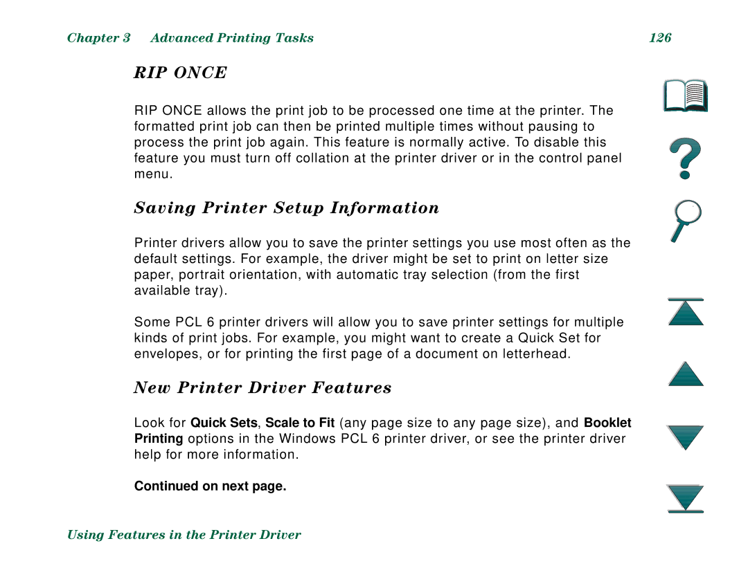 HP 8000DN, 8000N manual Saving Printer Setup Information, New Printer Driver Features, Advanced Printing Tasks 126 