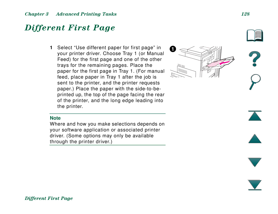 HP 8000DN, 8000N manual Different First, Advanced Printing Tasks 128, Select Use different paper for first 