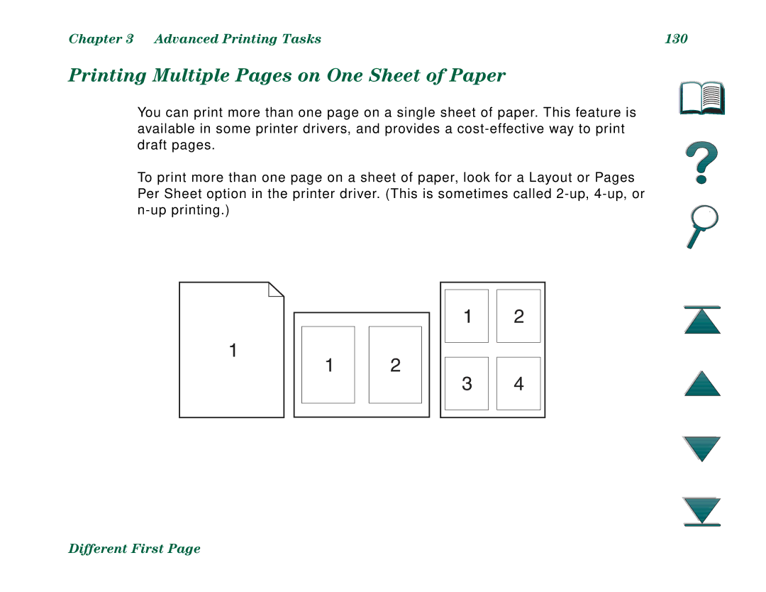 HP 8000DN, 8000N manual Printing Multiple Pages on One Sheet of Paper, Advanced Printing Tasks 130 