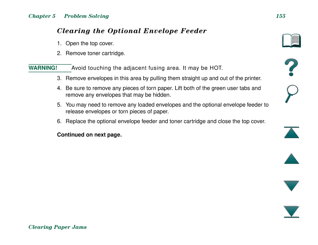 HP 8000N, 8000DN manual Clearing the Optional Envelope Feeder, Problem Solving 155 