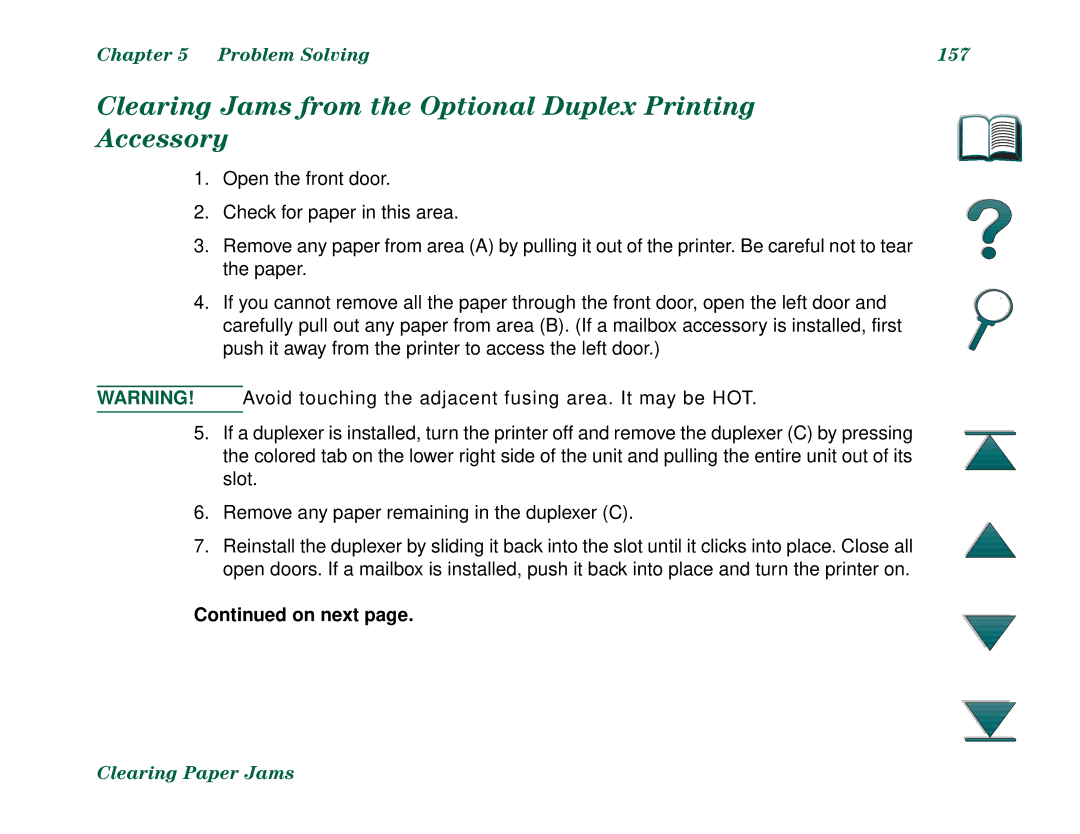 HP 8000N, 8000DN manual Clearing Jams from the Optional Duplex Printing Accessory, Problem Solving 157 