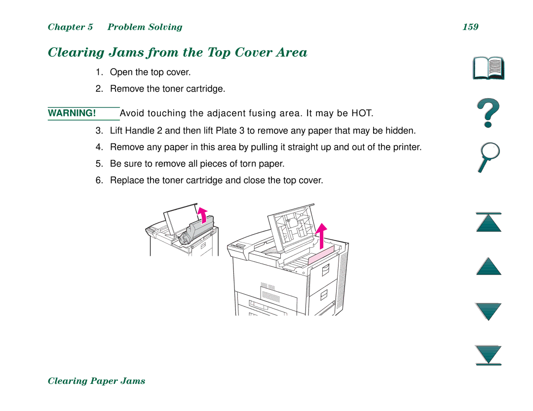 HP 8000N, 8000DN manual Clearing Jams from the Top Cover Area, Problem Solving 159 