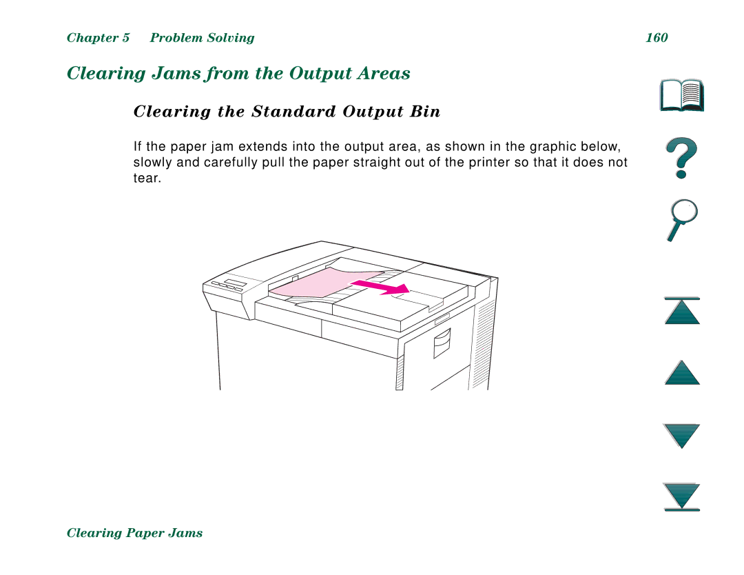 HP 8000DN, 8000N manual Clearing Jams from the Output Areas, Clearing the Standard Output Bin, Problem Solving 160 