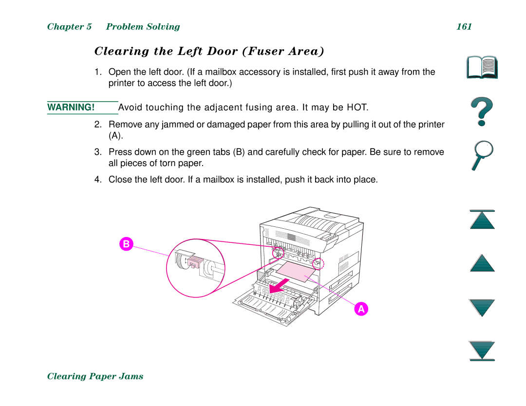 HP 8000N, 8000DN manual Clearing the Left Door Fuser Area, Problem Solving 161 