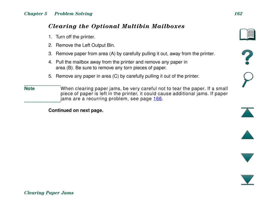 HP 8000DN, 8000N manual Clearing the Optional Multibin Mailboxes, Problem Solving 162 