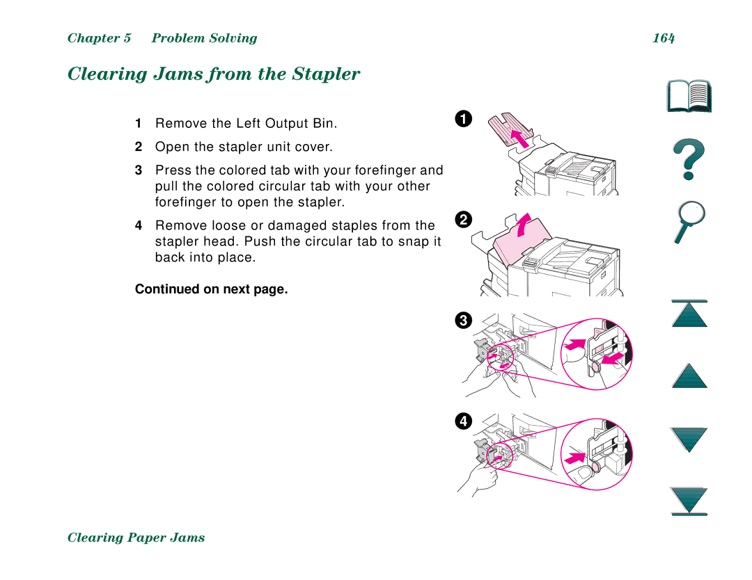 HP 8000DN, 8000N manual Clearing Jams from the Stapler, Problem Solving 164 