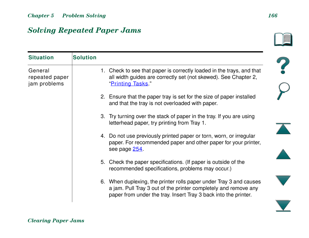HP 8000DN, 8000N manual Solving Repeated Paper Jams, Problem Solving 166, Situation Solution 
