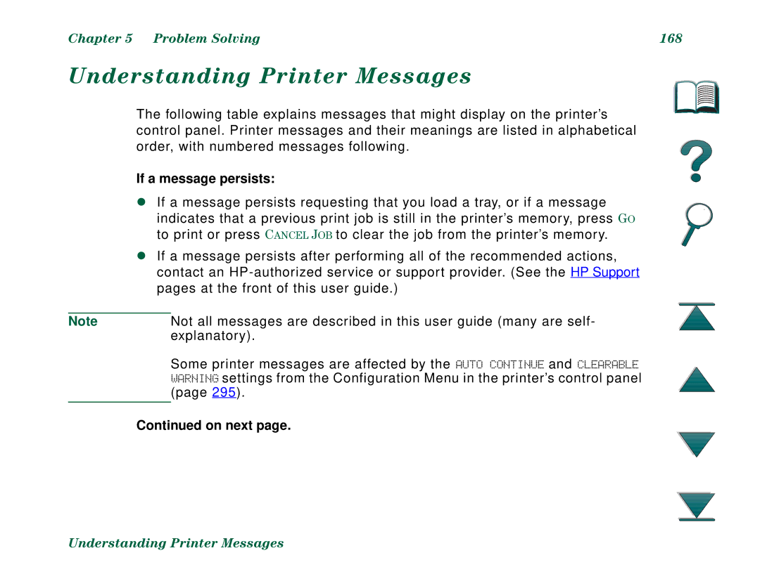 HP 8000DN, 8000N manual Understanding Printer Messages, Problem Solving 168, If a message persists 