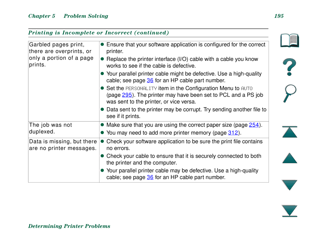 HP 8000N, 8000DN manual Problem Solving 195 Printing is Incomplete or Incorrect 