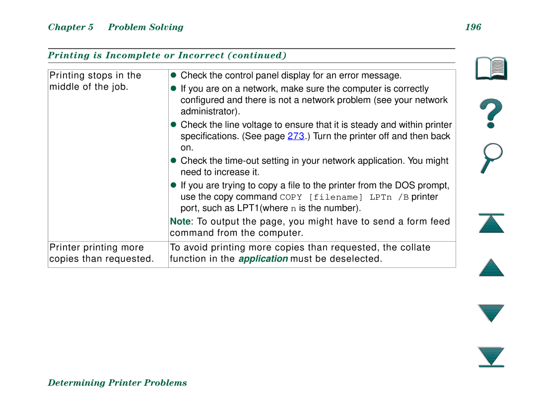 HP 8000DN, 8000N manual Problem Solving 196 Printing is Incomplete or Incorrect 